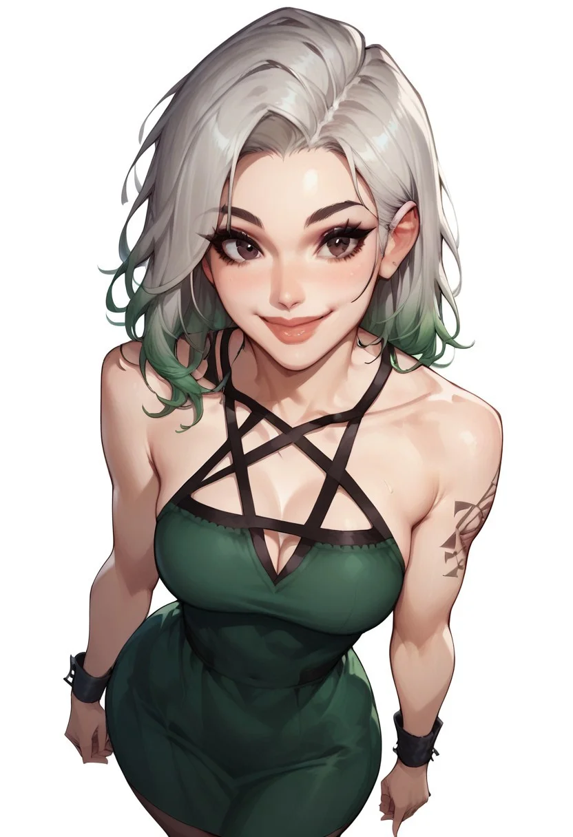 score_9, score_8_up, score_7_up, score_6_up, 1girl, Laura, LauraRH, shoulders length hair, straight hair, platinum hair, (green) gradient hair, dark eyes, cute face, meduum breasts, curvy, large hips, pale skin, pentagram dress, green dress, posing, pinup pose, white background,  aesthetic, high angle view, standing up, face closeup, little wrist tattoo, dutch angle, smiling