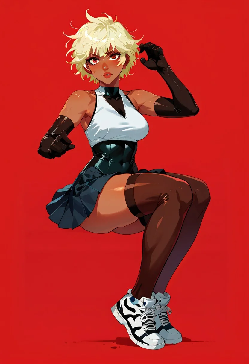 score_9, score_8_up, score_7_up, score_6_up, score_5_up, score_4_up, sexy girl, solo female, 29 years old, score_9,score_8_up,score_7_up,score_6_up, red background, simple background, full body shot,
cute woman, leotard, skirt, sneakers, jewelry, dark skin, taimanin, elbow gloves, thigh highs, shiny body, fighting stance