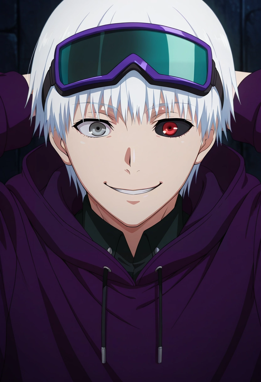 masterpiece, best quality, intricate details, anime screencap, anime coloring, official style, , 1boy, solo, male focus, <lora:ken_kaneki_ilxl:0.94>, ken_kaneki, white hair, grey eyes, short hair, bangs, , , colored sclera, black sclera, red eyes, heterochromia, close-up, fantasy land, dark, arms behind head, naughty smile, Tailored board shorts, Brocade Dark purple Satin Hoodie, , , andSnowboarding Goggles