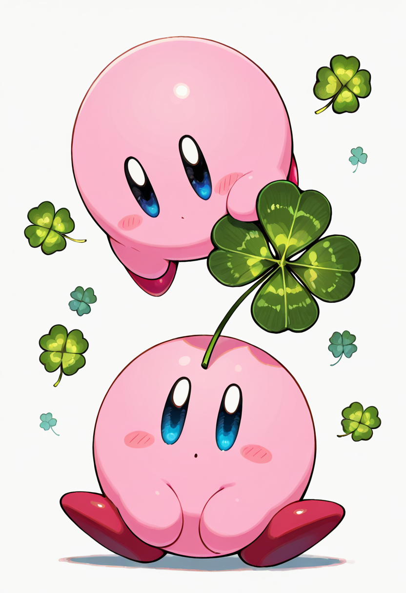 masterpiece, best quality,    ShamrockWorld, blue eyes, blush stickers, cf217, clover, dot mouth, four-leaf clover, kirby, kirby (series), no humans, simple background, solo, white background  ,<lora:ShamrockWorld_IXL:1.0>,