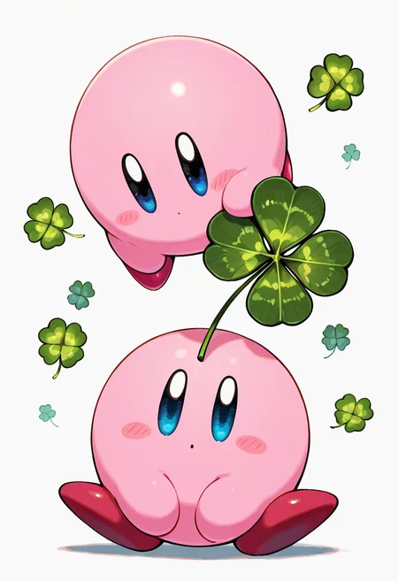 masterpiece, best quality,    ShamrockWorld, blue eyes, blush stickers, cf217, clover, dot mouth, four-leaf clover, kirby, kirby (series), no humans, simple background, solo, white background  ,<lora:ShamrockWorld_IXL:1.0>,