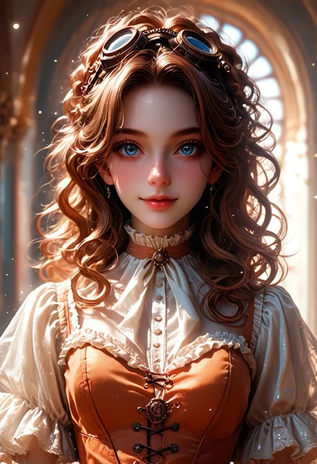 (score_9, score_8_up), score_7_up, 1girl, Highly detailed RAW color Photo, aroused depicted of 1girl, Whimsical steampunk beauty, radiant smile, freckled face. Messy updo with loose curls, golden-brown hair. Piercing blue eyes, long lashes. Brass goggles atop head. Ornate choker and delicate necklaces. Sunlit skin, rosy cheeks. Shimmering orange corset top. Victorian-inspired white blouse. Intricate background with gilded details. Warm, ethereal lighting. Hyper-realistic portrait style. Blend of vintage and fantasy elements. Sparkles and lens flares. Soft bokeh effec