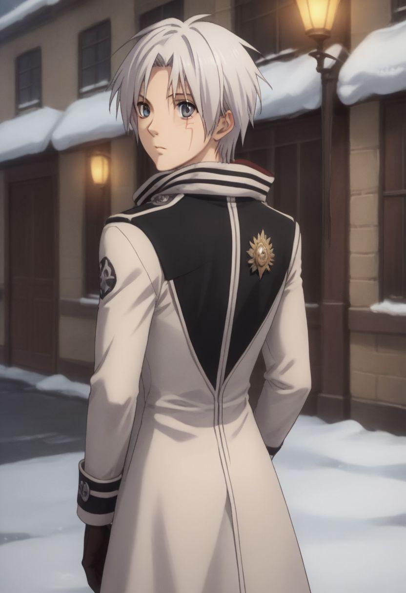 score_9, score_8_up, score_7_up, source_anime, highly detailed, 1boy, solo, male_focus, slender, skinny, cute,
allen_walker, solo, 1boy, scar, male focus, gloves, grey eyes, white hair, coat, long sleeves, back, from back, looking back,
outdoor, hood, hood up, hood on head, from back, looking back, victorian age, street, snow,
