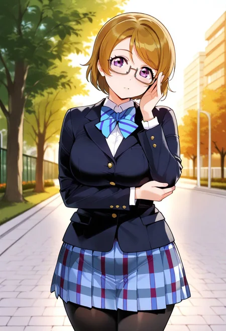 score_9, score_8_up, score_7_up, source_anime, detailed image, masterpiece, high quality image, BREAK,
1girl, solo, lovelive_hanayo, (large breasts), brown hair, swept bangs, short hair, purple eyes, glasses, semi-rimless eyewear,
black blazer, blue plaid skirt, blue stripe bowtie, black pantyhose,
looking at viewer,
any pose, head tilt,
angle:random, cowboy shot,
outdoors, school, warm light, sunset,