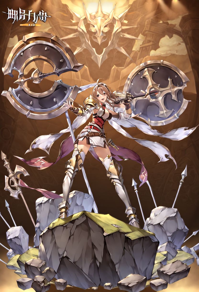 game character shows off her large sword and large shield and poses in a beautiful fantasy land, 1girl, axe, weapon, armor, brea