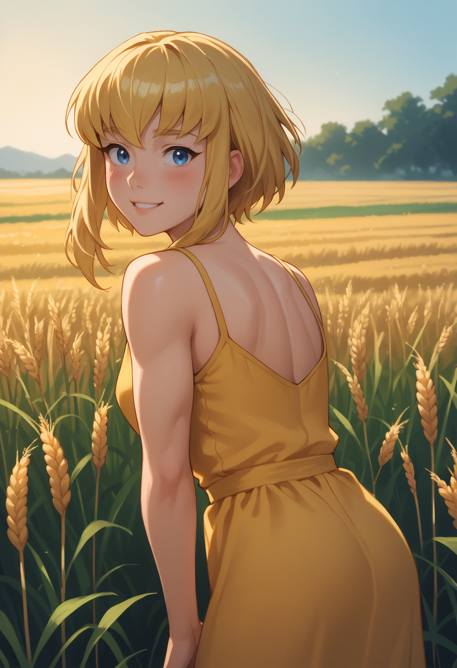 score_9, score_8_up, score_7_up, 1girl, solo, karazoreldef, blue eyes, short hair, blonde hair, medium breasts, toned,
yellow sundress, sleeveless,
looking at viewer, smile, blush, hands behind, hands on dimples, leaning forward, parted lips, looking back, back,
outdoors, wheat field, sunset
<lora:Kara-Zor-ElPDXL_V1-Manityro-CAME:1.0>