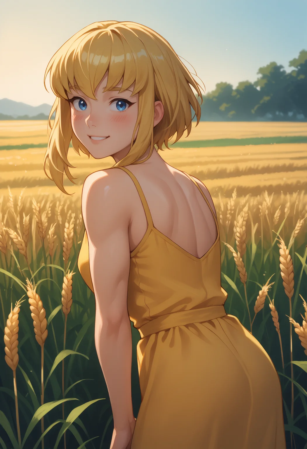 score_9, score_8_up, score_7_up, 1girl, solo, karazoreldef, blue eyes, short hair, blonde hair, medium breasts, toned,
yellow sundress, sleeveless,
looking at viewer, smile, blush, hands behind, hands on dimples, leaning forward, parted lips, looking back, back,
outdoors, wheat field, sunset
<lora:Kara-Zor-ElPDXL_V1-Manityro-CAME:1.0>