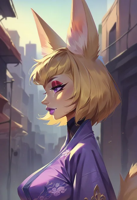 score_9, score_8_up, score_7_up, solo, 1girl, blonde hair, bob cut, (fennec ears), red eyeshadow, purple eyes, purple lips, large breasts, purple kimono, fox tail, urban, outdoors, portrait, upperbody, mgxt,