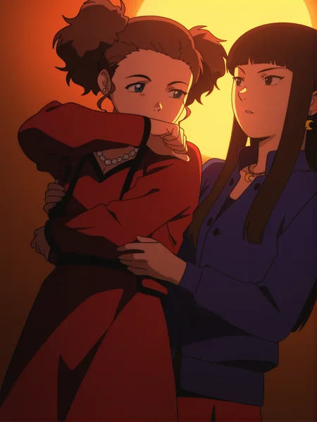 masterpiece, best quality, amazing quality, absurdres, newest, dynamic_angle, defined facial features, anime coloring, anime screencap, side-by-side,
<lora:Reika-Juri_IL1.1_v0:1> 2girls, dancing, hug, looking at another, short hair, kato juri \(sel\), red long sleeve jacket, red dress, white earrings, white necklace, BREAK yamamoto reika \(sel\), moon-shaped earrings, moon-shaped necklace, blue long sleeve jacket, red skirt