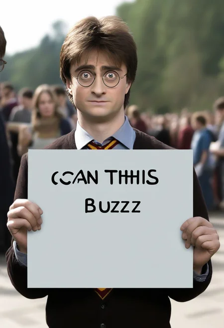 <lora:PE_HoldingSign:0.8> PEHoldingSign, bored face
harry potter holding a sign that says can this sign write buzz?