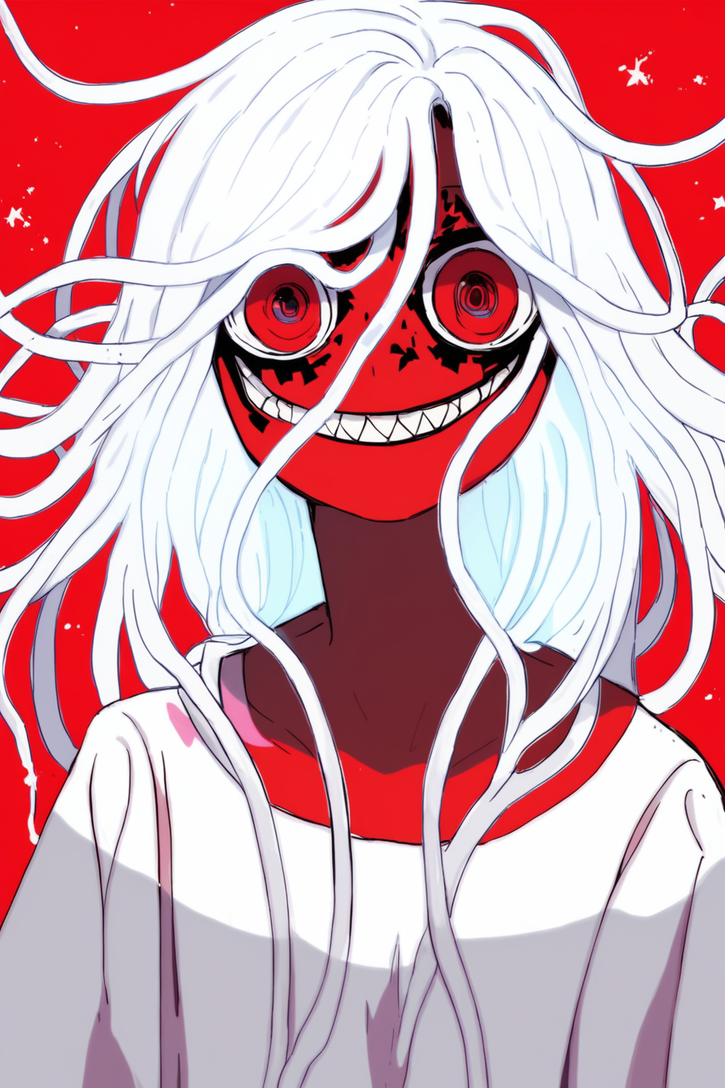 (score_9,score_8_up,score_7_up,),<lora:nadeko-000025:1>,nadeko white,white hair,long hair,red eyes,snake hair,white dress,(portrait:1.1),<lora:f3nn3rXLP:0.8>,f3nn3r,colourful,pink,blue,black,red,trippy,evil smile,