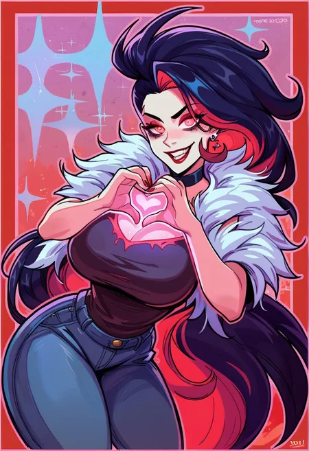 score_9, score_8_up, score_7_up, high quality, bright multi colored eyes, 1 goth women fully clothed for winter, ((black choker, vintage clothes, midage clothes, fantasy clothes, heart hands, crazy wild hair style)), geometric multi colored hearts all over background, large breasts, long hair, love, aesthetic, face in love, (Red glowing border around image,:1.3)