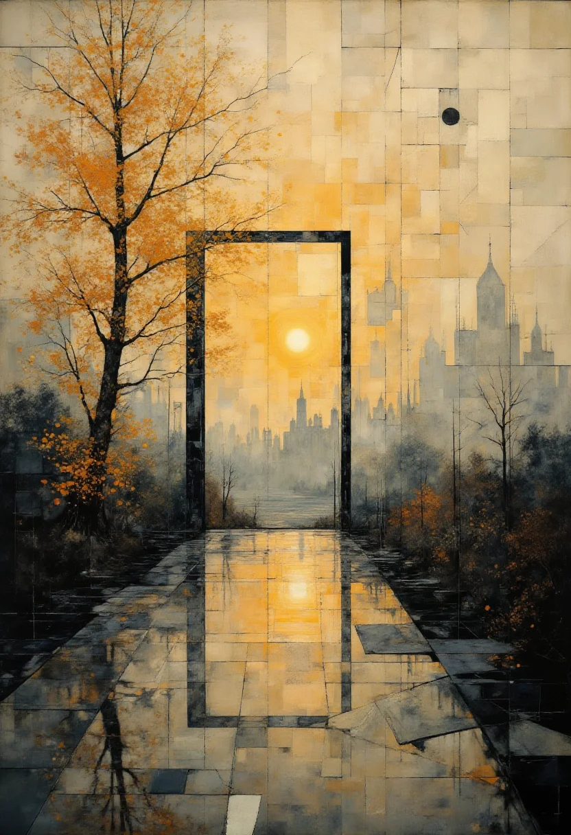 Diving deep into the enchanting depths of the painter's imaginative realm, the hauntingly beautiful composition enraptures the viewer with its ethereal harmonies and captivating contrasts. The faded melancholic undertones of the hazy impressionistic masterpiece mirror the despondency of a fragmented soul, leaving trails of introspective musings in its wake. As the eye moves across the canvas, it is greeted by a captivating symphony of pale greys, bronzes, and golden golds, painting the warm embrace of a fading sun as it dips below the distant horizon of an autumnal landscape. The composition seamlessly blends abstract notions with tangible elements, harmonizing the chaotic intricacies of a broken mirror's mysterious reflection against the tranquility of nature's muted rustling leaves. Central to this dreamlike tableau is a mesmerizing architectural design, a stark contrast of geometric lines and modernist angles that intrudes into the picture plane. But rather than disturbing the delicate balance, these structural fragments, illuminated by bursts of dancing light and fleeting shadows, soften the unsteady boundaries between reality and fantasy, casting a spellbinding aura over the whole. Delicately layered paintwork unveils an intricate tapestry of brushstrokes, instilling each facet with a palpable sense of depth and authenticity. The deft hand of the artist blurbs the borders between the tangible and intangible, blending ephemeral patterns with stark contours to create a tantalizing play of reflection, lending an air of otherworldly allure to the scene. Through this surrealist ode to nostalgia and poignant yearning, the artist guides us to explore the surrealist nature of reality, ultimately inviting us to gaze deeply within ourselves to decipher the unspoken whispers of our hearts, echoing the muffled cries of a disjointed spirit striving to find solace and meaning amidst life's fragmented mosaic. ,<lora:Digital painting V1.safetensors:1.0> ,
