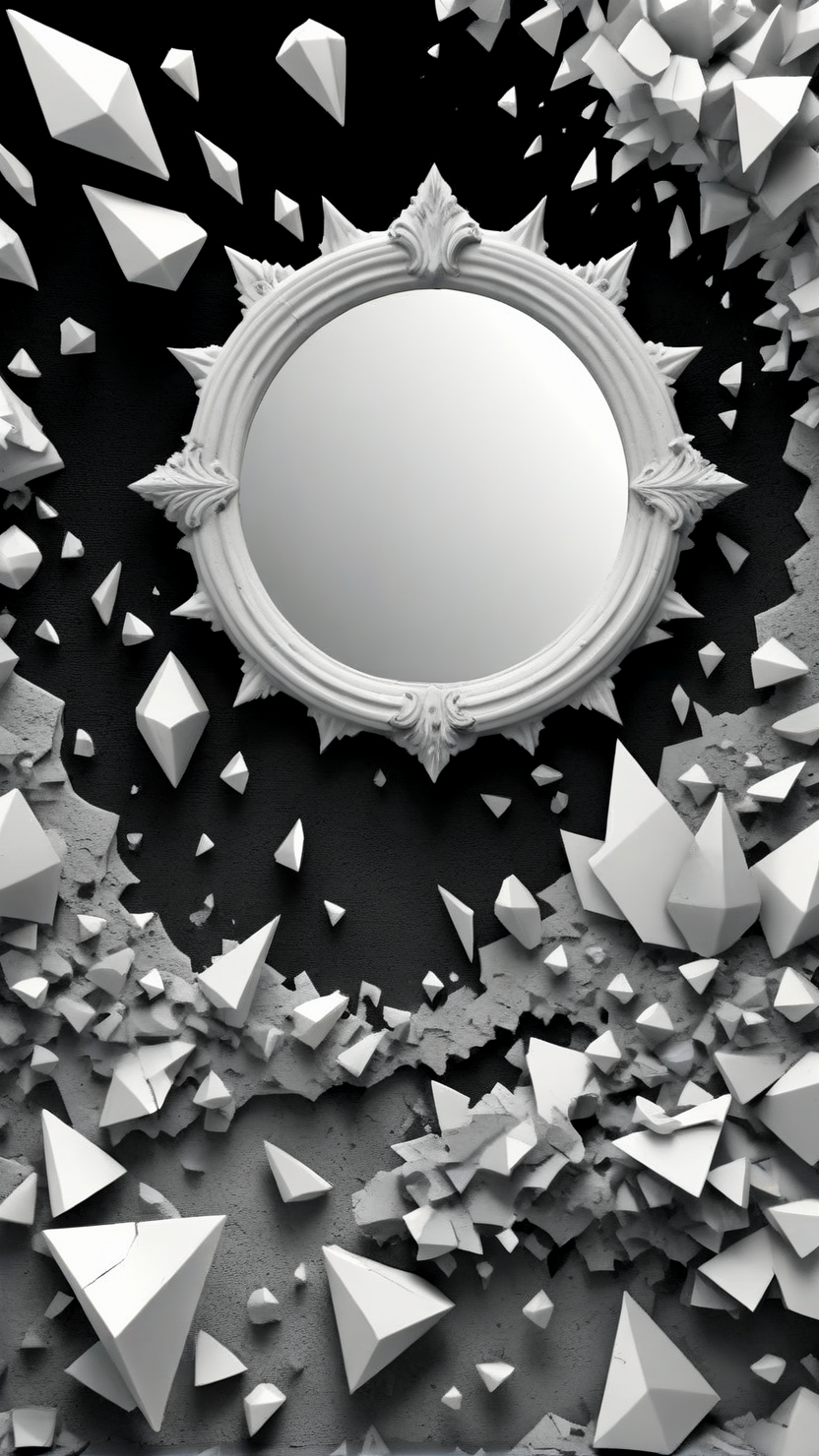 <lora:3DPrintingXL:1>,whitemold,3d printed mold,art style,greyscale,monochrome, 1fractured mirror, solo, reflective surfaces, shards scattered, surreal texture, abstract shape, balance in chaos