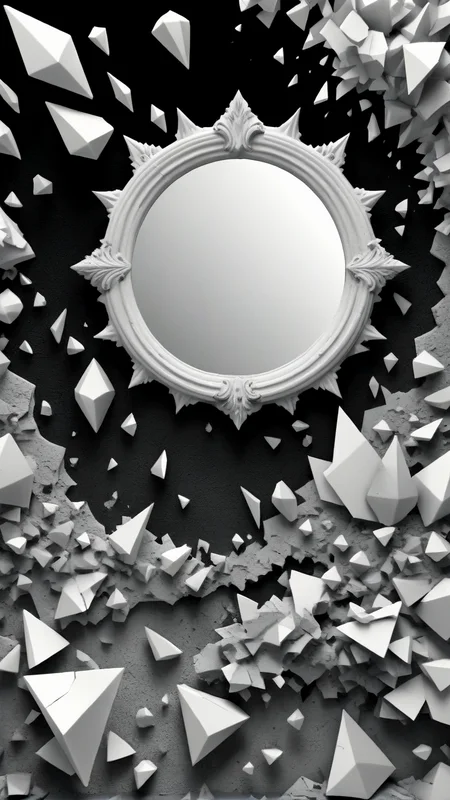 <lora:3DPrintingXL:1>,whitemold,3d printed mold,art style,greyscale,monochrome, 1fractured mirror, solo, reflective surfaces, shards scattered, surreal texture, abstract shape, balance in chaos