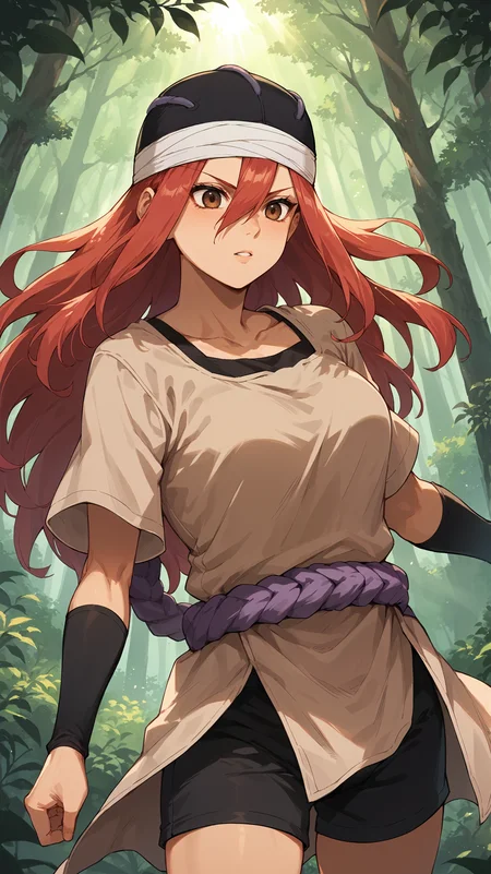 score_9,score_8_up,score_7_up,score_6_up, <lora:xl_more_art-full_v1:0.5>, source_anime, woman, dynamic pose, leaning back, <lora:Tayuya - Pony:0.8>, long hair, red hair, brown eyes, black hat, tan tunic, purple rope, black arm warmers, black shorts, aTayuya, forest, nature, light rays,