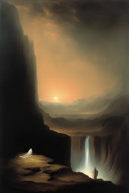 John Martin Style - a funereal shroud fell upon the land and death was upon it, surrealist painting in the style of John Martin