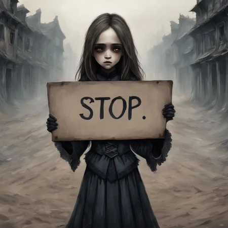 (((Ultra detailed, Megapixel)))
1girl, (((holding out a sign with text "STOP"))), by charlie bowater and dan mumford and trevor Brown, hands, terror, gloomy, dark, blank face, no face, wasteland background, no mouth, no eyes, long hair