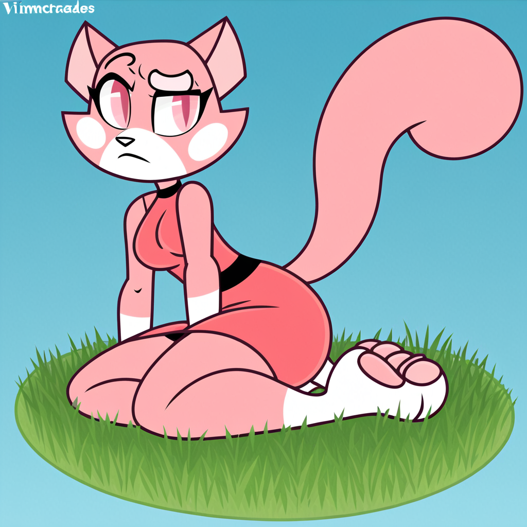 score_9_up, score_8_up, score_7_up, rating_questionable, furry_female, felid, (shima luan:1.2), pink eyes, tight pink dress, raised eyebrow, grass, blue sky, vectorized_background, <lora:ShimaPDXL:0.8>, , by vimhomeless <lora:Vimhomeless_StylePony_XL:1>