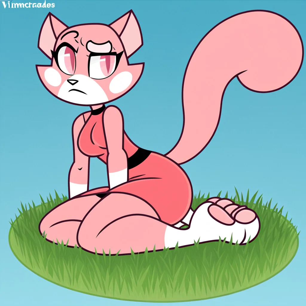 score_9_up, score_8_up, score_7_up, rating_questionable, furry_female, felid, (shima luan:1.2), pink eyes, tight pink dress, raised eyebrow, grass, blue sky, vectorized_background, <lora:ShimaPDXL:0.8>, , by vimhomeless <lora:Vimhomeless_StylePony_XL:1>