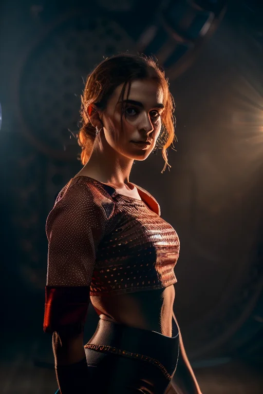 studio portrait of Victorian young woman wearing intricate attire, smokey background, mist, graceful body structure, (rim lighting,:1.4) two tone lighting, red hue, octane, unreal, to8contrast style
