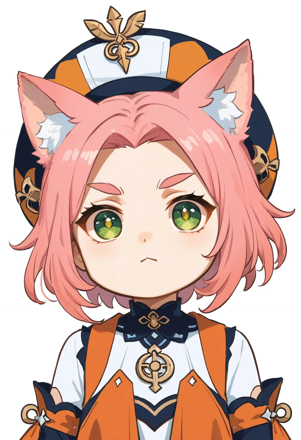 score_9,score_8_up,score_7_up, <lora:xinzoruo_style_pdxl_goofy:1>1girl, diona (genshin impact), animal ears, pink hair, bangs pinned back, simple background, hat, animal ear fluff, short hair, thick eyebrows, detached sleeves, green eyes, forehead, chibi, cat girl, looking at viewer, artist name, upper body