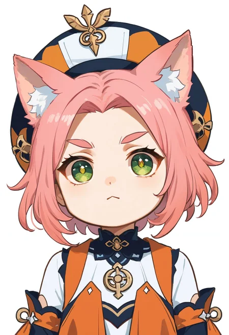 score_9,score_8_up,score_7_up, <lora:xinzoruo_style_pdxl_goofy:1>1girl, diona (genshin impact), animal ears, pink hair, bangs pinned back, simple background, hat, animal ear fluff, short hair, thick eyebrows, detached sleeves, green eyes, forehead, chibi, cat girl, looking at viewer, artist name, upper body