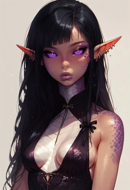 score_9, score_8_up, score_7_up, high detailed, high quality, masterpiece, no text, quality highlights, 8k detail, detailed background, source_anime, dynamic view, hentai, ultra-detailed,
...
1girl, (((solo))), pale elf, female focus, expressiveh, (young), (cold skin),
(black hair), purple sclera, ((irises like moons, silver iris)), (long hair), elegantly pinned hair,
((round hips)), (small breasts), lips,
(incredibly sexy), sexy pose, pose, ((scales, dragon scales)), ((piercing in lips))
...
closed mouth,
((An elegant gown, a dress of belts, a dress of ribbons, black collar, center opening, side slit, high-waist sideboob)),
cowboy shot, looking at viewer, raised hand, green flame in hand, gold makeup, purple lips,
sitting, posing, close-up,
...
(((white simple background)))