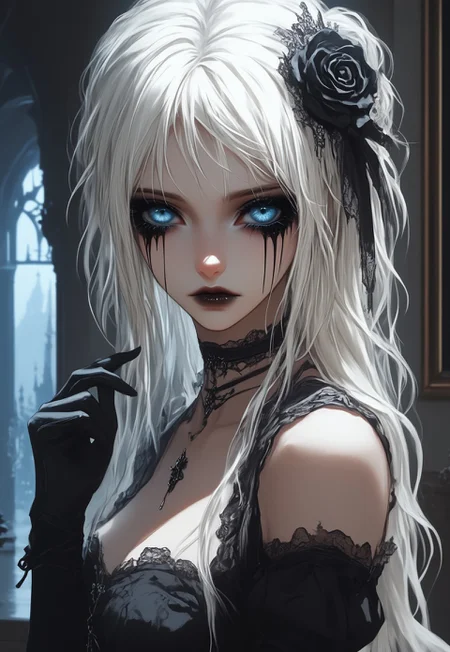 safe_pos, (((score_9, score_8_up, score_7_up))), (((Expressiveh, highly detailed, masterpiece, perfect, detailed, hd, style-paintmagic)))
,
((( Axiomamb, blue eyes, white hair, long hair, eyelashes, makeup, hair flower, flower, black flower, white skin, gothic, black lips)))
,
((( 1girl, solo, )))
,
((( Indoors, castle, dark, night )))
,
((( posing for viewer, bold )))
,
((( Best view ))
,
((( Dress, Black dress, choker, black choker, gloves, black gloves, )))
,
((( black ink, flowing ink, sorrow )))
,
()