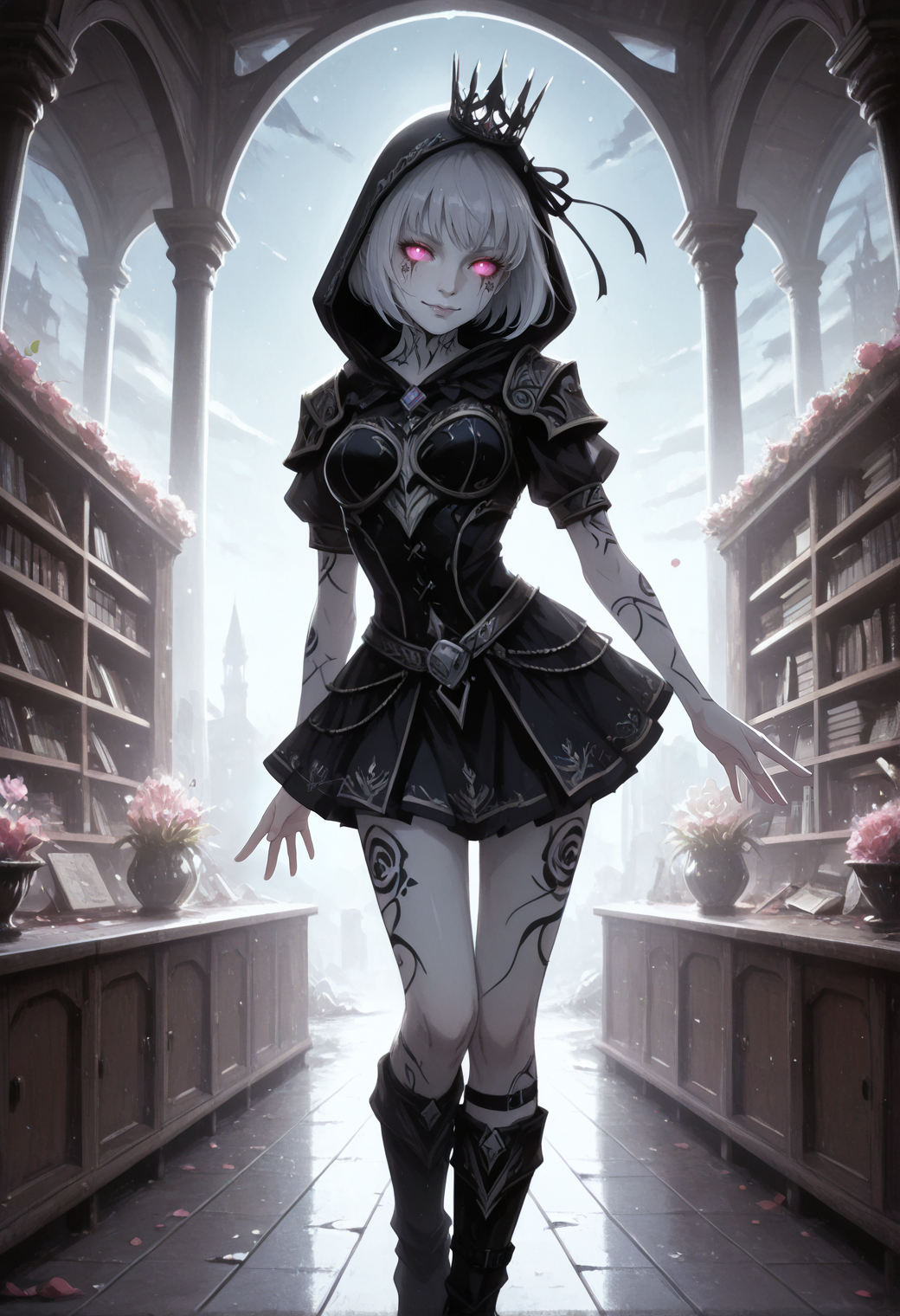realistic, very awa, ambient occlusion, ray tracing, [sei shoujo], [yoshiten], [takeuchi_takashi], [libbyframe], style parody, [bang_dream!], [arcane:_league_of_legends], [league_of_legends], saturated, colorful, (dynamic angle:1.3), (cowboy shot:1.2) BREAK 1girl, solo, <lora:goliath:0.7> goliath, empty eyes, body tattoo, face tattoo, <lora:Ice:0.7> ice skin, ice hair, <lora:Ice_magic_Magic_PACK:0.4> Icemagmb, glowing eyes, pastel platinum hair, inverted bob hair with hair ribbon, smooth skin , flower tattoo (white skin:1.2), athletic body, long legs, narrow waist,, medium breasts, perfect hands, metallic lips, (playful), naughty face BREAK fighter, wearing hooded (detailed light blue_purple fabric armor funeral dress), armbands,, short sleeves,, shin straps,pointy boots, crown BREAK medieval, fantasy, indoors, opulent library, marble floors, palatial furniture, library, bookcases, standing, contrapposto , arms resting, summer, twilight, cool soft light, 2 moons, stars,, volumetric lighting BREAK <lora:reij-detaILer:0.9> <lora:light-000167:0.6> <lora:onespeg_art_style:0.7> 0n3sp3g <lora:yazloba_darkfantasy_v.2:0.6> yazloba_dark_fantasy