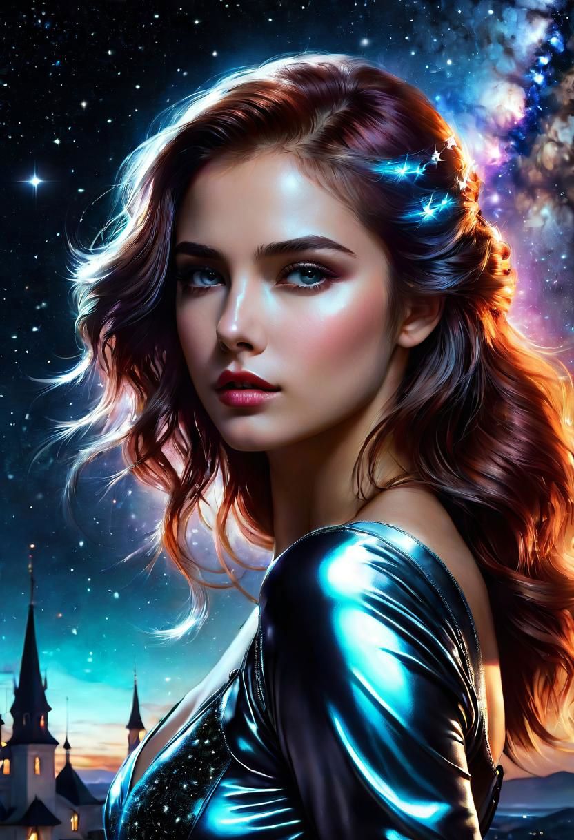 RTX, 8k, HDR, best quality, cinematic film story, (masterpiece), Anna Razumovskaya, Casey Baugh, Antonio Mora, Aminola Rezai, Giovanni Boldini, art, realistic art, digital illustration, portrait, bright rich colors, Digital Art,Girl moonlit night, milky way, light of deep night, shining stars, glimpses of happiness, beauty in life and death,