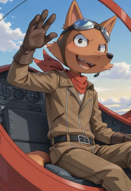 detailed background, detailed fur, solo, 1boy, young adult, muscular, (ZorondoRon), fox, very expressive, happy, head movement, beautiful sky background, outdoors, clear skies scenery, sitting in red plane, flying, waving at viewer, brown aviators outfit, brown gloves, aviator googles, red scarf around neck, detailed scenery, masterpiece, best quality, amazing quality, absurdres, newest, high res, ultra detailed, best quality, best artwork, detailed eyes, (eyes focus), perfect eyes, big iris, pupils visible, 4k, ultra quality, perfect face