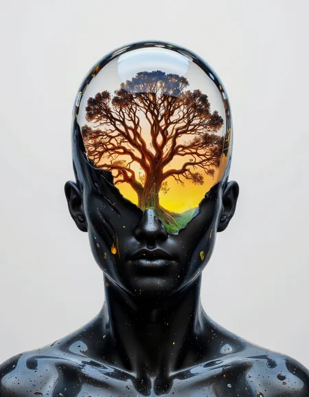Delirium style. The image is a digital artwork, rendered in a hyper-realistic CGI style, featuring a surreal and abstract depiction of a human head. The central figure is a stylized, almost robotic humanoid head with a glossy, dark, almost black surface that reflects and refracts light, giving it a sleek, metallic appearance. The head is split vertically, with the upper half forming a hollow, transparent, and reflective dome. Inside this dome, a stunning, glowing image of a tree with a fiery, orange-yellow aura is visible, creating a stark contrast to the dark outer surface. <lora:Bonafida.Studio:1>