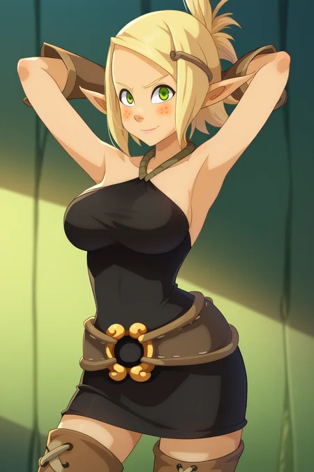 Score_9, score_8_up, score_7_up, 1girl, solo, large breasts, <lora:Evangelyne:1> Evangelyne, pointy ears, green eyes, freckles, blonde hair, short hair, folded ponytail, gloves, bare shoulders, thigh boots, dress, hairclip, belt, zettai ryouiki, cowboy shot, halterneck, arms behind head, smile, closed mouth, blush, looking at viewer,