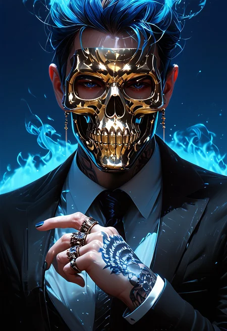 (score_9, score_8_up), score_7_up, 1boy, Highly detailed RAW color Photo, shirt, long sleeves, jewelry, jacket, upper body, earrings, necktie, collared shirt, hand up, necklace, black jacket, gradient, black nail polish, gradient background, tattoo, glowing, formal, ring, suit, cross, mask, skull mask, spikes, black suit, metallic texture, blue theme, blue fire, multiple rings, hand tattoo, simple background, dark blue background, blue theme, gorgeous details, depth perception, backlighting, photorealistic, breathtaking scenery, perfectly rendered reflections, detailed clothing,
dark lighting, dof, depth of field, realistic, dark background, CINE, blue embers, low-key,