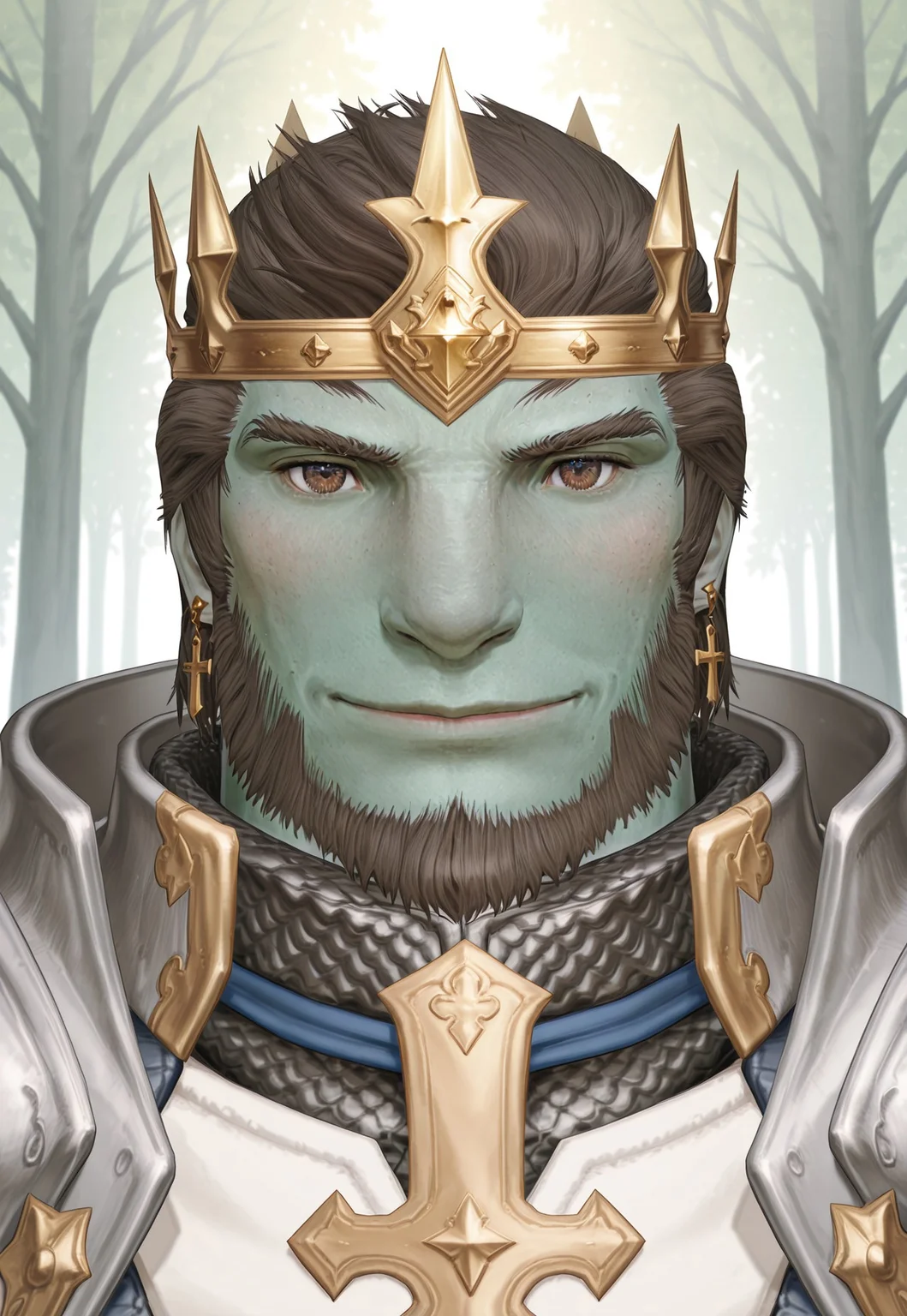 safe_pos, high quality, high detail, best quality, (2d, digital artwork), detailed background, source:anime,
1boy, gay, solo, male focus, close-up,
Branden, brown hair, short hair, light green skin, colored skin, grey eyes, beard, chinstrap beard, facial hair, thick eyebrows, muscular male, muscular, mature male, BrandenArmor, armor, chainmail, shoulder armor, pauldrons, crown, circlet, earrings, cross earrings, gold earrings, smile, smiling
standing, close-up, large pectorals, looking at viewer, forest, detailed background,