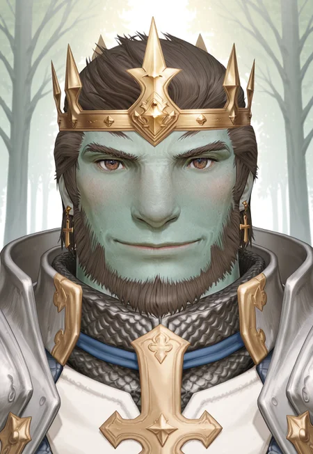 safe_pos, high quality, high detail, best quality, (2d, digital artwork), detailed background, source:anime,
1boy, gay, solo, male focus, close-up,
Branden, brown hair, short hair, light green skin, colored skin, grey eyes, beard, chinstrap beard, facial hair, thick eyebrows, muscular male, muscular, mature male, BrandenArmor, armor, chainmail, shoulder armor, pauldrons, crown, circlet, earrings, cross earrings, gold earrings, smile, smiling
standing, close-up, large pectorals, looking at viewer, forest, detailed background,