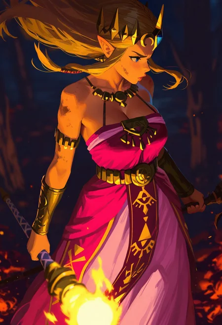 <lora:nhl-001-20:0.8> nhl-001,
(by some1else45:1.25),
(by guweiz:1.25), painterly sketch illustration, nose, lips,
perspective, depth of field, blurry background,
1girl, Princess Zelda from The Legend of Zelda, blonde hair, pink princess dress, princess crown., bright blue eyes, holding a staff weapon, golden energy is pulsating from her staff, facing to the side, intense facial expression, angry, dynamic pose, textured clothes, textured background, in forest, burning ashes all around Zelda, damaged clothes, textured skin, textured foreground, floating hair, long hair, large breasts, cleavage, thick lips,
masterpiece, best quality, amazing quality, very aesthetic, dark background, raytraced lighting on body,