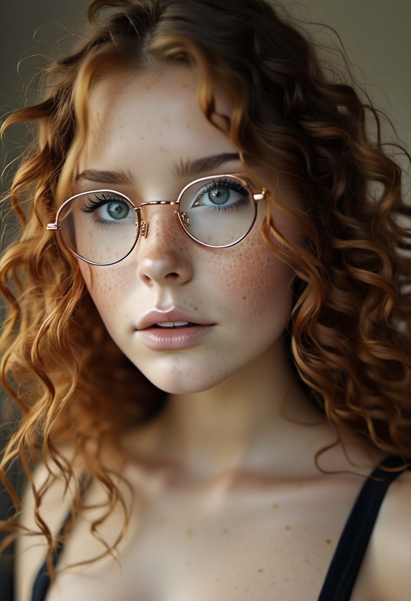 1girl, beautiful eyes, detailed eyes, Pretty redhead, long wavey curled hair, wearing round glasses with a thing rose gold metal frame her face covered in freckles, Large breast. Wearing a black laced Body.