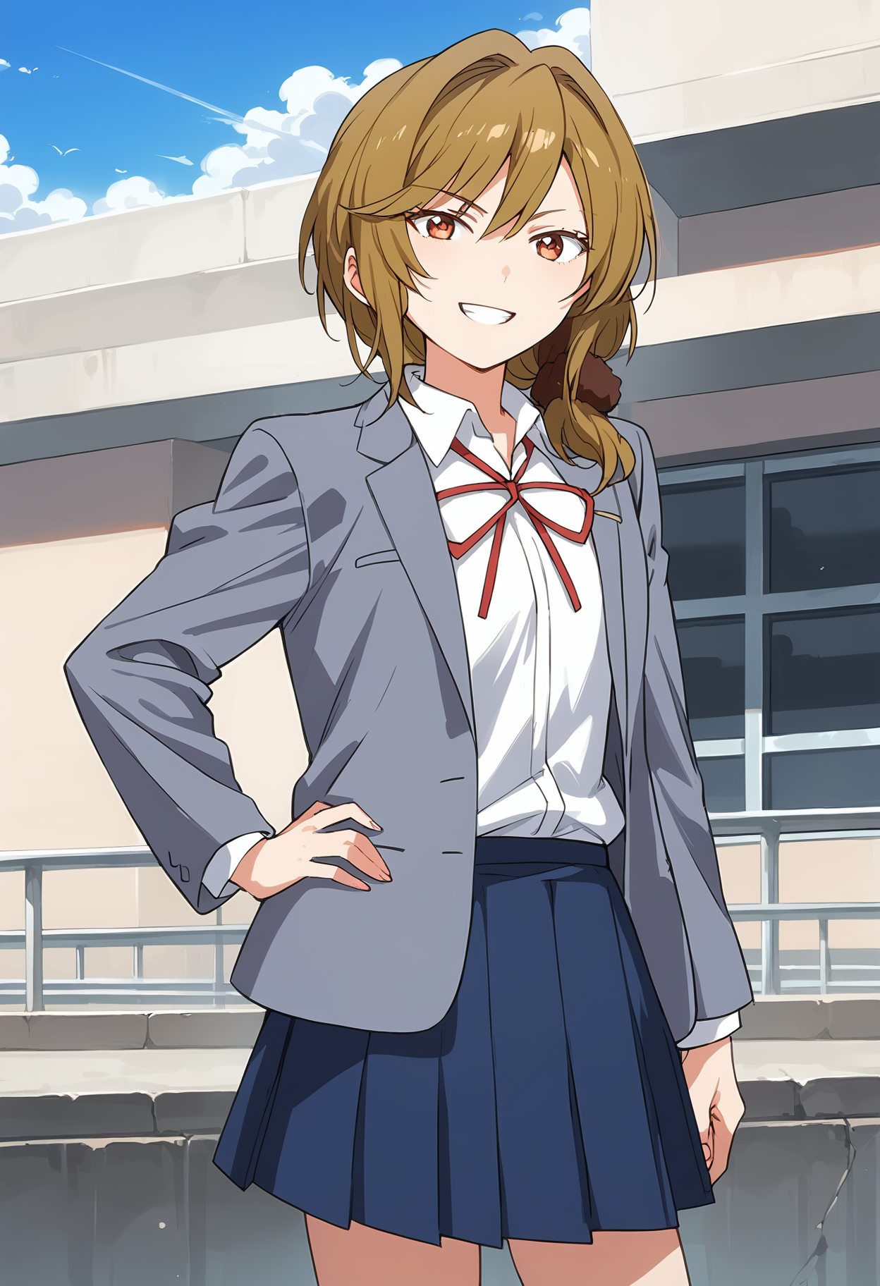 <lora:seoyuzuki_ponyV2:1>seoyuzuki, long sleeves, blazer, solo, school uniform, skirt, jacket, hand on hip, brown hair, low side ponytail, scrunchie, , brown eyes,neck ribbon, ribbon, grey jacket, shirt, blue skirt, pleated skirt, white shirt, red ribbon, cowboy shot,,looking at viewer, smile, outdoors, sky, grin, , score_9, score_8_up, score_7_up, score_6_up, score_ANIME,