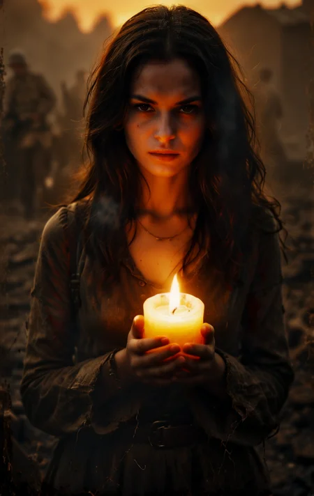 A woman is holding a lit candle in her hands. The candle is orange in color. The woman has long dark hair. The background is dark.,(War Photography:1.4) capturing a raw, emotional moment at sunset. chaos, illuminated by the dimming orange sky. High contrast between the dark, gritty environment and the vibrant, fiery sunset. Contrasting expression with a smirk on her face. Smoke fill the air, adding depth to the scene. Photorealistic style, highlighting the rough, visceral nature of war. (Battle-weary, intense, somber mood:1.2). (Calotype style:1.4), monochrome, upper body, greyscale