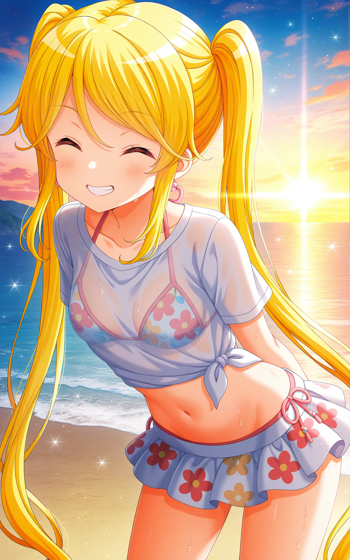 masterpiece,best quality,good quality,newest,4k,perfect lighting,cinematic,very aesthetic,official art,anime screencap,anime coloring,beach,dusk,
1girl,solo,tokitani koruri,blonde hair,twintails,long hair,small breasts,
white shirt,tied shirt,see-through clothes,bikini under clothes,microskirt,floral print skirt,thighs,
standing,contrapposto,leaning forward,arms behind back,smile,closed eyes,looking at viewer,grin,BREAK
<lora:ILkoruri:0.9>