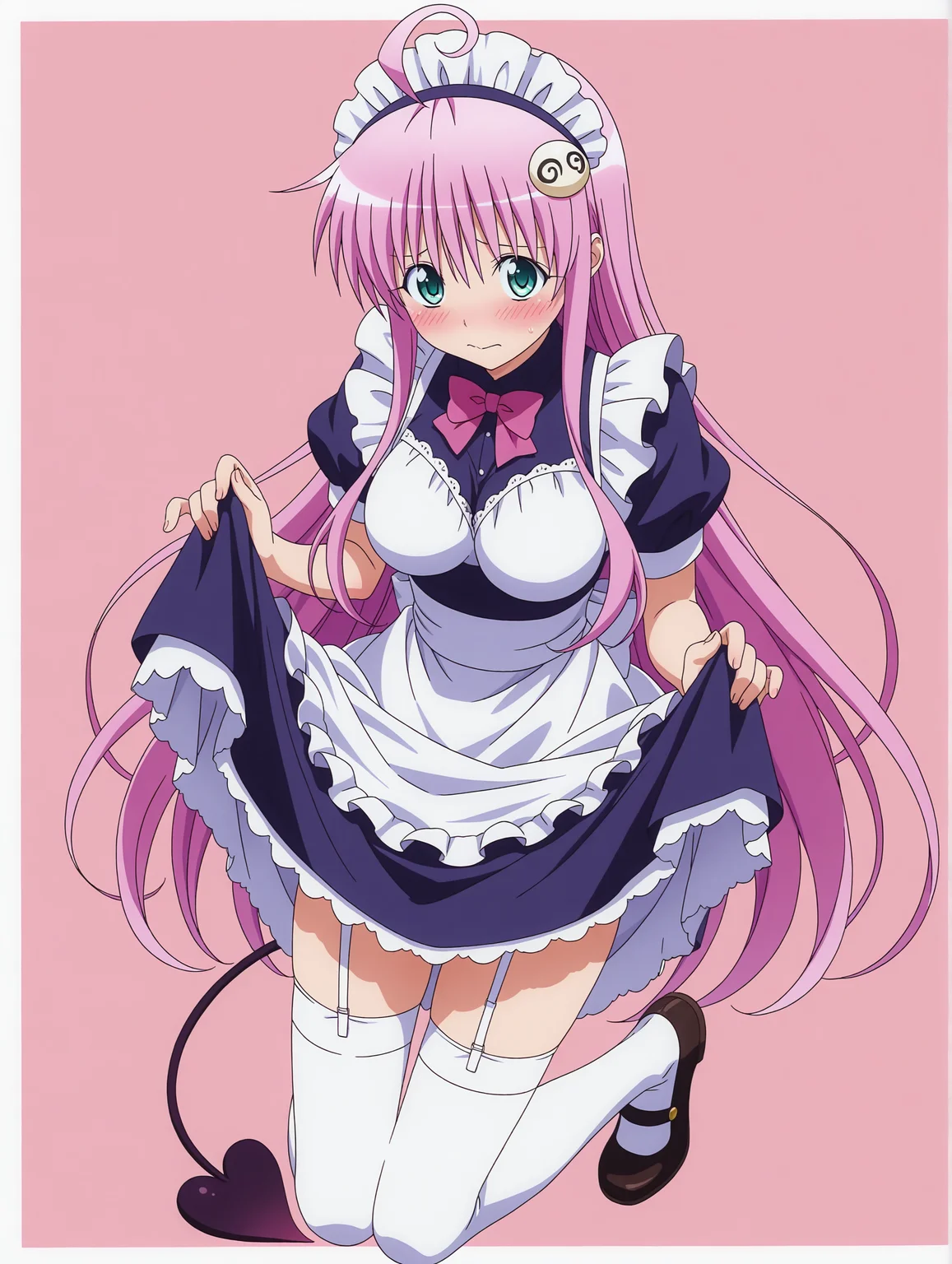 <lora:lala:1>,lala,tail,maid,full body, skirt lift, shy