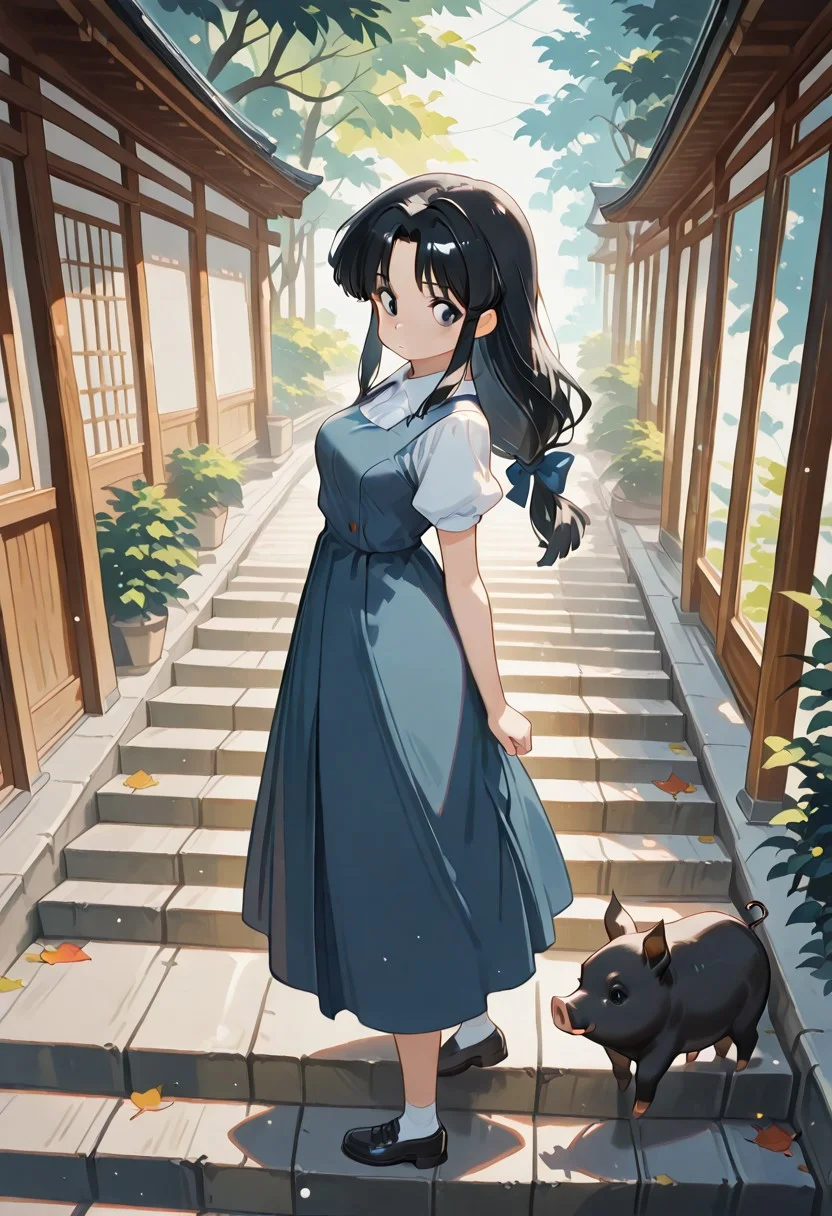 standing, full body, outdoors, from side, leaf, plant, light particles, stairs, look back, medium breasts, masterpiece, best quality, amazing quality,
akane, 1girl, solo, black eyes, parted bangs, sidelocks,
low-tied long hair, hair bow, blue dress, pinafore dress, puffy short sleeves, white shirt, collared shirt, school uniform,
black pig, small pig,
masterwork, dynamic lighting , dynamic pose, dynamic angle, (lineless:1.2), detailed, depth of field, dynamic lighting, blurry, ultra-HD, cinematic lighting, (impressionism:1.5), high detail ,masterpiece, best quality, very aesthetic, 8k, perfect eyes, japanese