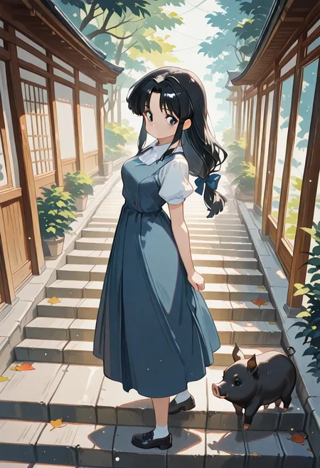 standing, full body, outdoors, from side, leaf, plant, light particles, stairs, look back, medium breasts, masterpiece, best quality, amazing quality,
akane, 1girl, solo, black eyes, parted bangs, sidelocks,
low-tied long hair, hair bow, blue dress, pinafore dress, puffy short sleeves, white shirt, collared shirt, school uniform,
black pig, small pig,
masterwork, dynamic lighting , dynamic pose, dynamic angle, (lineless:1.2), detailed, depth of field, dynamic lighting, blurry, ultra-HD, cinematic lighting, (impressionism:1.5), high detail ,masterpiece, best quality, very aesthetic, 8k, perfect eyes, japanese
