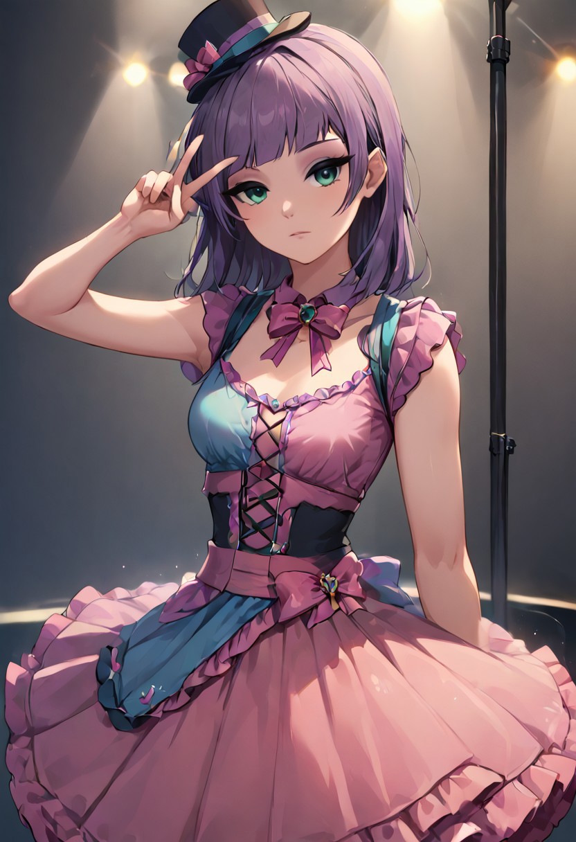 SFW, rating_all, score_10, score_8_up, score_7_up, (((human))), 1female, (((solo))), (((Maud Pie in an idol dress))), ((idol dress)), idol, pink dress, layered dress, pink bow, microphone, holding microphone, on stage, cute pose, (((expressionless face))), (mini top hat), (((performing on stage))), beautiful, detailed, vector, flat colors, ((correct finger anatomy)), (((v over eye)))