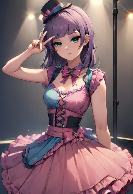 SFW, rating_all, score_10, score_8_up, score_7_up, (((human))), 1female, (((solo))), (((Maud Pie in an idol dress))), ((idol dress)), idol, pink dress, layered dress, pink bow, microphone, holding microphone, on stage, cute pose, (((expressionless face))), (mini top hat), (((performing on stage))), beautiful, detailed, vector, flat colors, ((correct finger anatomy)), (((v over eye)))