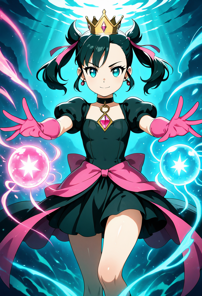 masterpiece, best quality, 1girl, solo, eyelashes, (beautiful eyes), shiny skin, looking at viewer, smile, zzShadowMarnieCitron, aqua eyes, black hair, hair ribbon, medium hair, asymmetrical bangs, twintails, mini crown,   black dress, puffy short sleeves, black choker, gem, pink ribbon, pink gloves, bow, chiaroscuro, magic, incoming attack,  ,<lora:ShadowHimeMarnieCitronOCIXL_v3:0.8>,  [Aquatic Spellweaver], flowing robe of layered sea-silk, pearl-beaded cape, collar of glimmering kelp fronds, crystal belt with bubble runes, ripple-patterned sandals, floating jellyfish orb lantern, deep ocean hall surrounded by shimmering currents, meditative pose, serene face,