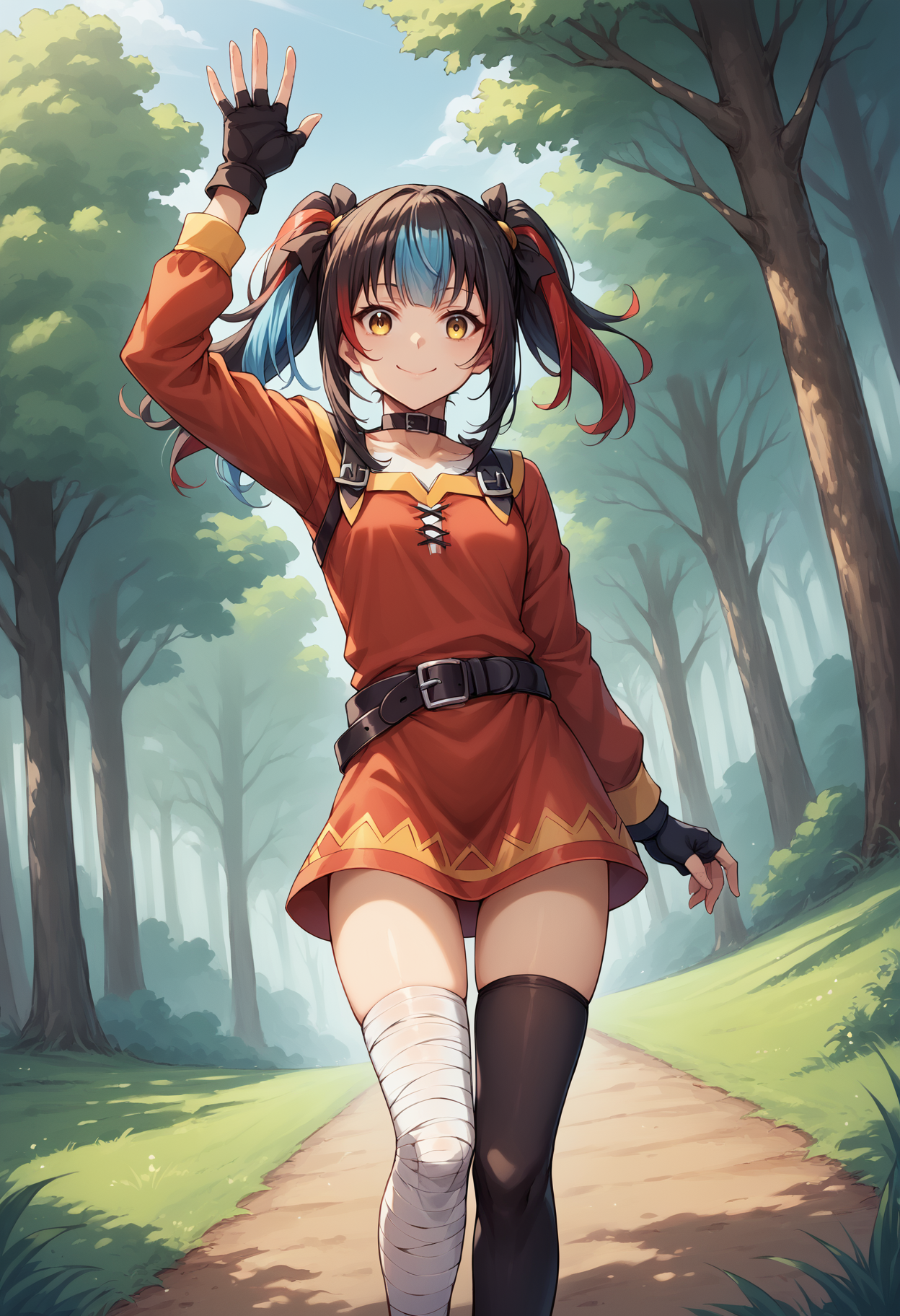 score_9, score_8_up, score_7_up, source_anime, 1girl, solo, looking at viewer, long hair, twintails, multicolored hair, black hair, red hair, blue hair, (konosuba:0.85), (megumin:0.75), outdoors, forest, nature, tree, waving, hand up, arm up, yellow eyes, hair ribbon, belt buckle, buckle, black gloves, fingerless gloves, gloves, bandaged leg, bandages, black thighhighs, short dress, single thighhigh, thighhighs, belt, black belt, black choker, choker, dress, long sleeves, red dress, grass, walking, dutch angle, smile, closed mouth