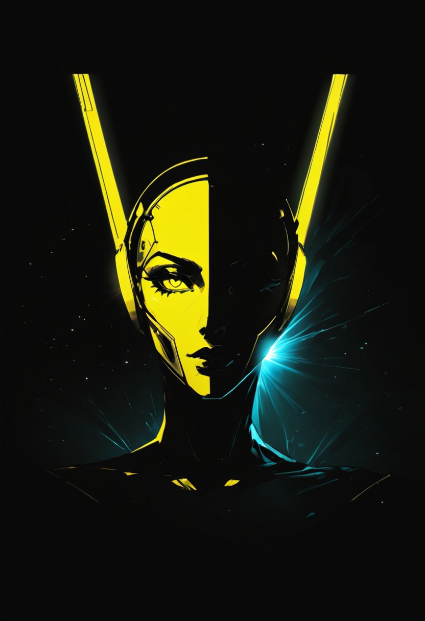 score_9, score_8_up, score_7_up, inksketch, n30nfilm, [[Silhouette Art]], Abstract ,surreal vivid,simple painted, newage (cyborg) spacegirl with long vibrant hair, high collar, seductive, yellow-black ,Light fountain in Outer space, made of lines, vertical lines, horizontal lines, Portrait Made of intertwining lines, weaving over and under each other throughout the frame, emphasis effect, moire effect, awash in yellow and lime shades, seamlessly extends the lines,. Flat style